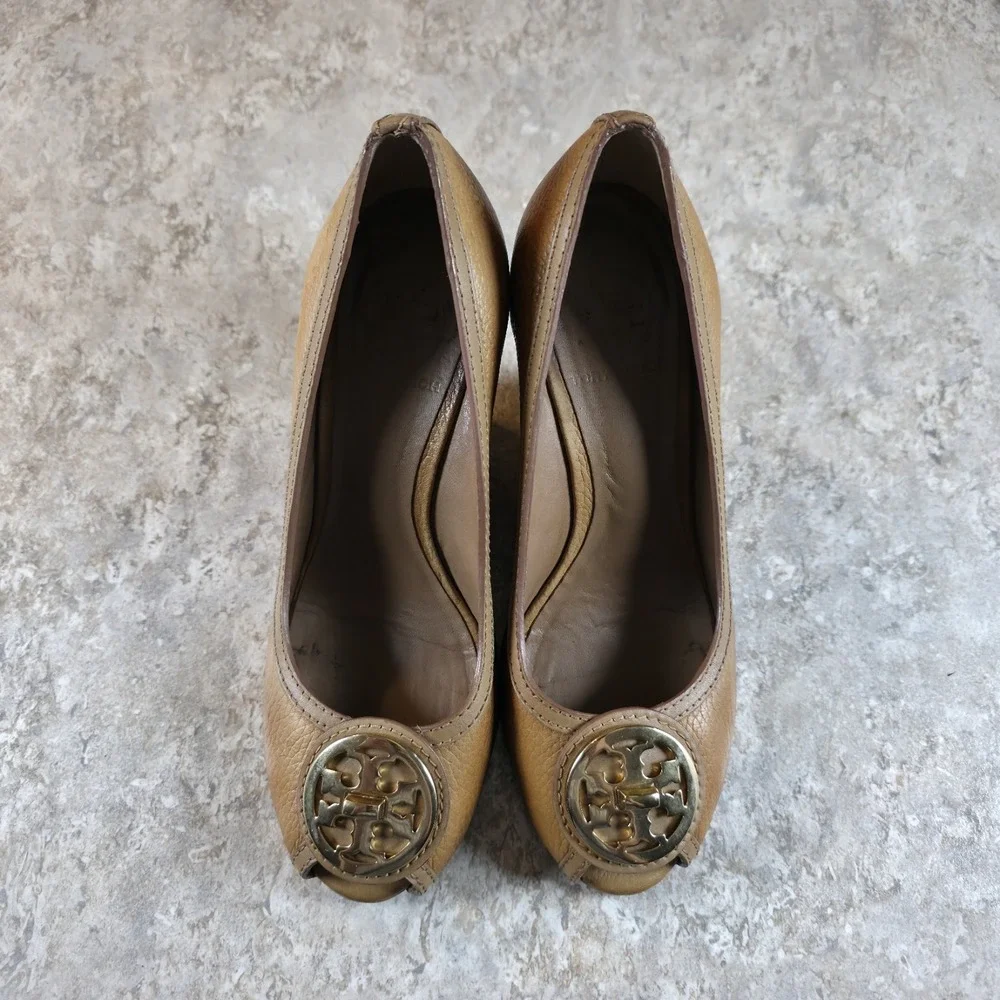 Tory Burch Selma Open Toe 95mm‎ Wedge Royal Tan Size 7.5 M Brown Leather